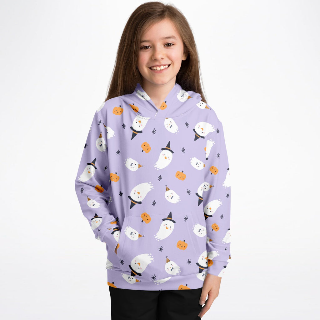 Girls witch ghost Halloween hoodie in lavender cotton fleece with playful white ghost and orange pumpkin pattern