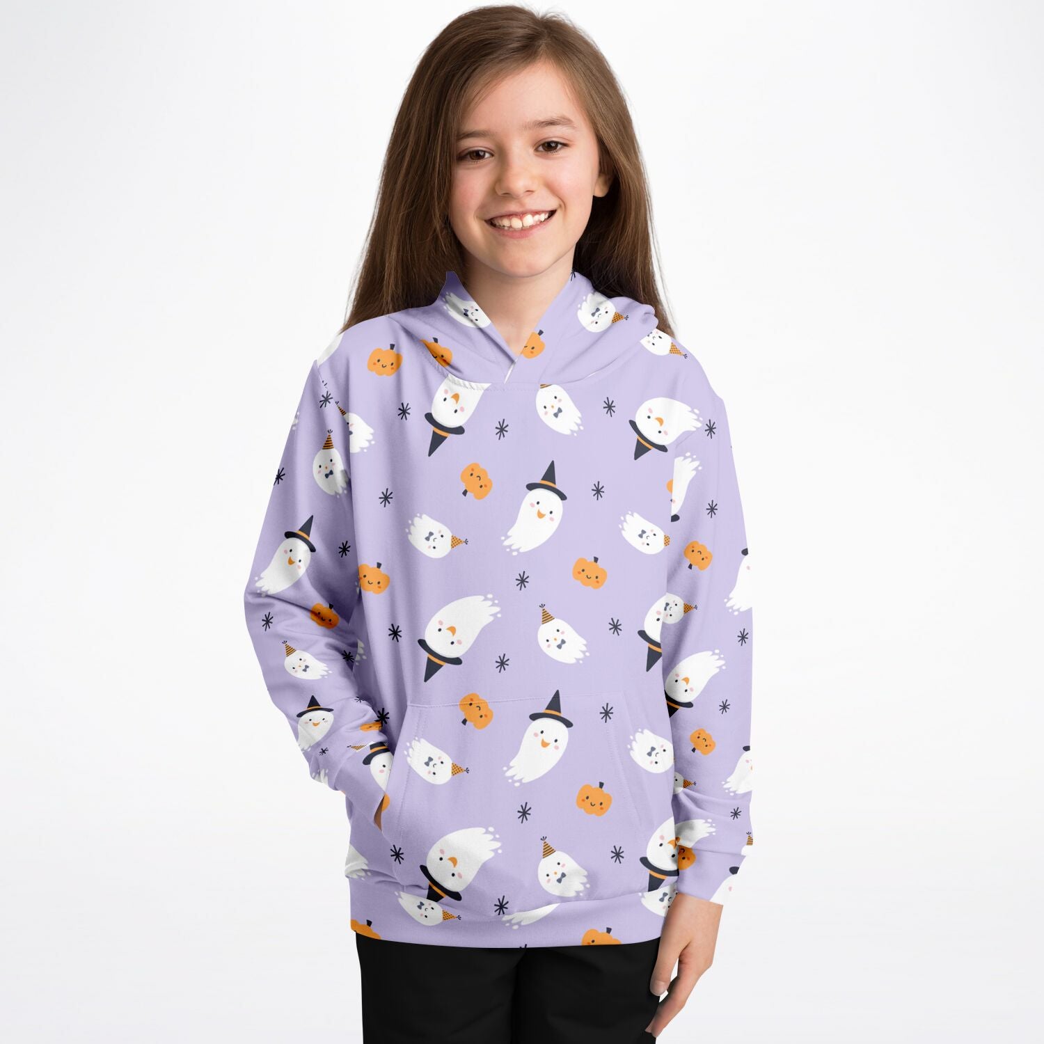 Girls witch ghost Halloween hoodie in lavender cotton fleece with playful white ghost and orange pumpkin pattern