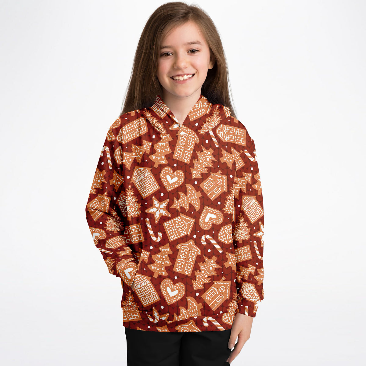 Kids Red Gingerbread Cookies Christmas Hoodie – Ultra Comfy & Stretchy, Cozy Fleece or Lightweight Sports Fabric, Double-Layer Hood & Kangaroo Pocket