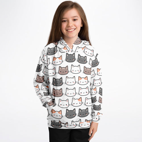 White girls cat hoodie with colorful cartoon cat pattern made of cozy cotton fleece or lightweight sports fabric