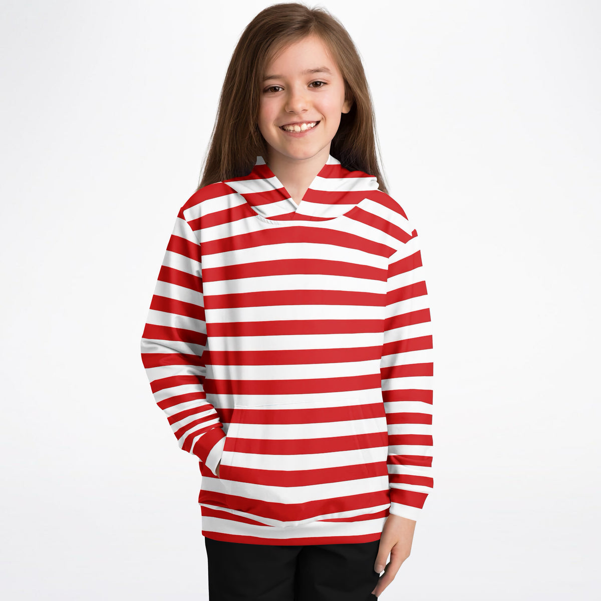 Kids Striped Red Christmas Hoodie – Ultra Comfy & Stretchy, Cozy Fleece or Lightweight Sports Fabric, Double-Layer Hood & Kangaroo Pocket