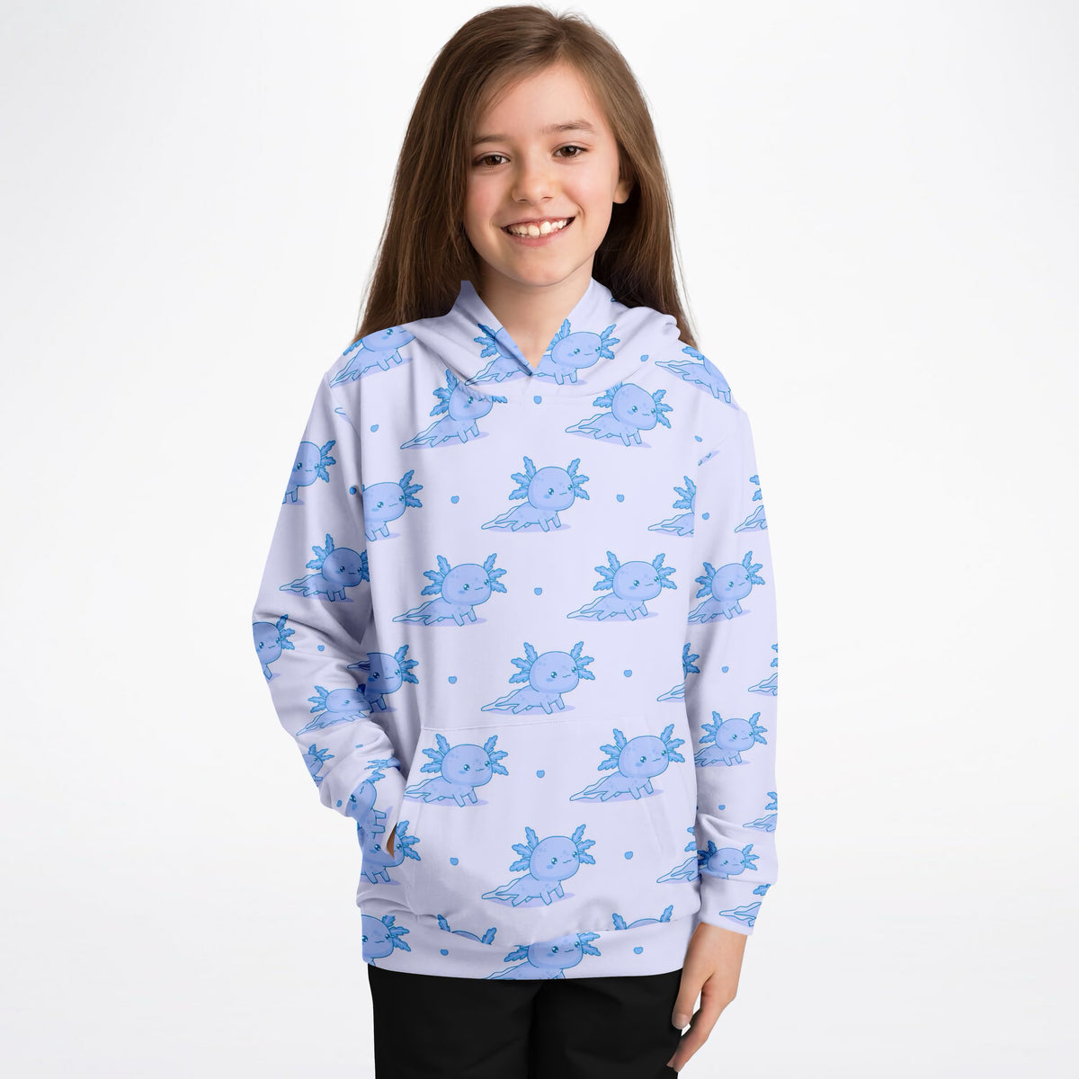 Kids Blue Axolotl Hoodie – Ultra Comfy & Stretchy, Cozy Fleece or Lightweight Sports Fabric, Double-Layer Hood & Kangaroo Pocket