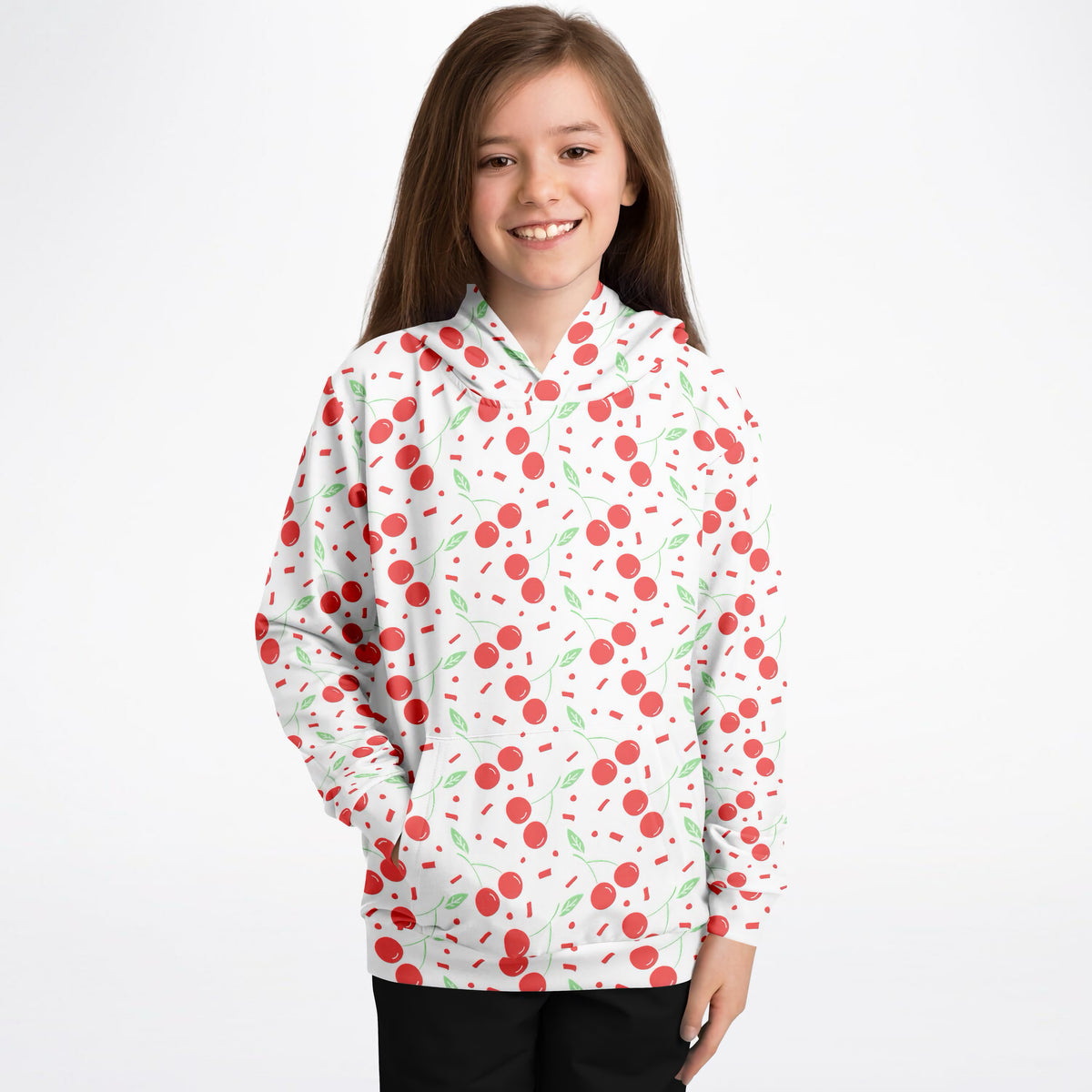 Girls Red Cherry Hoodie – Ultra Comfy & Stretchy, Cozy Fleece or Lightweight Sports Fabric, Double-Layer Hood & Kangaroo Pocket