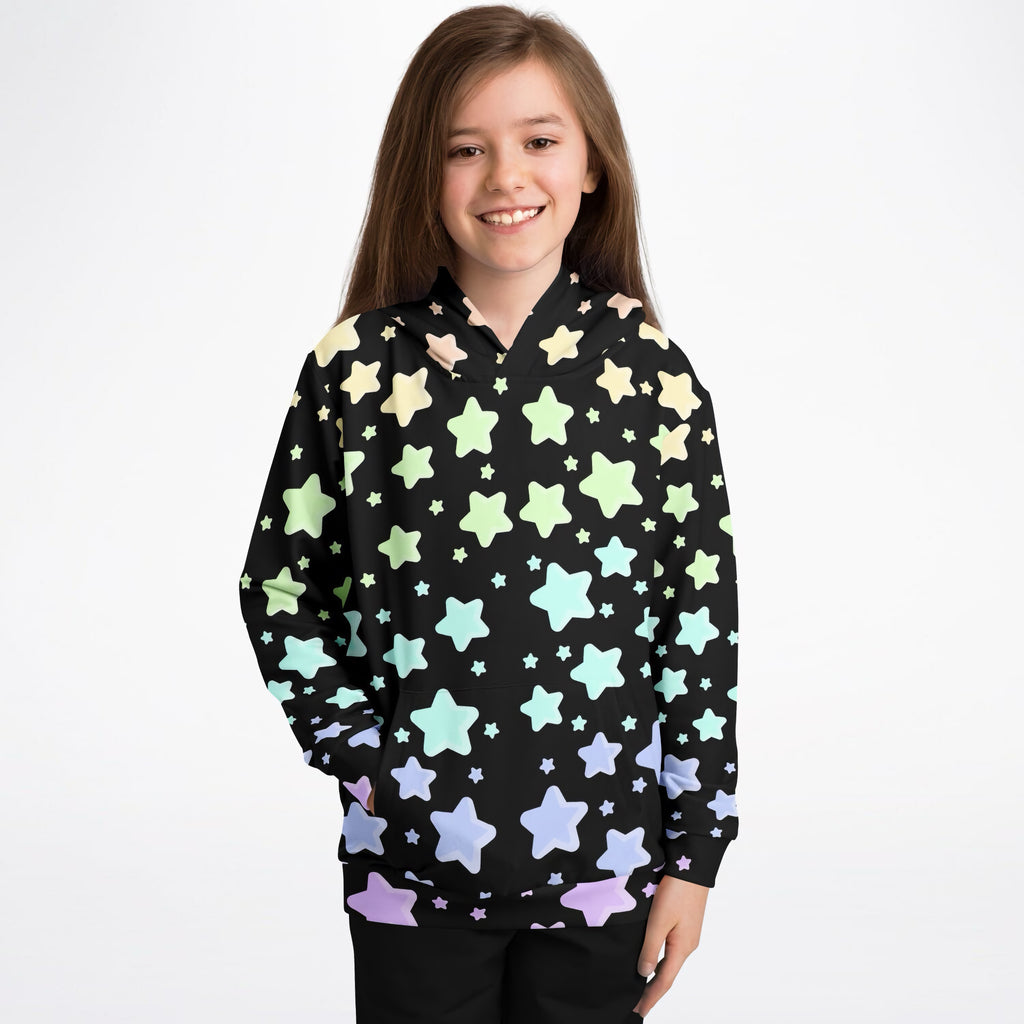 Girls Pastel Rainbow Stars Hoodie – Ultra Comfy & Stretchy, Cozy Fleece or Lightweight Sports Fabric, Double-Layer Hood & Kangaroo Pocket