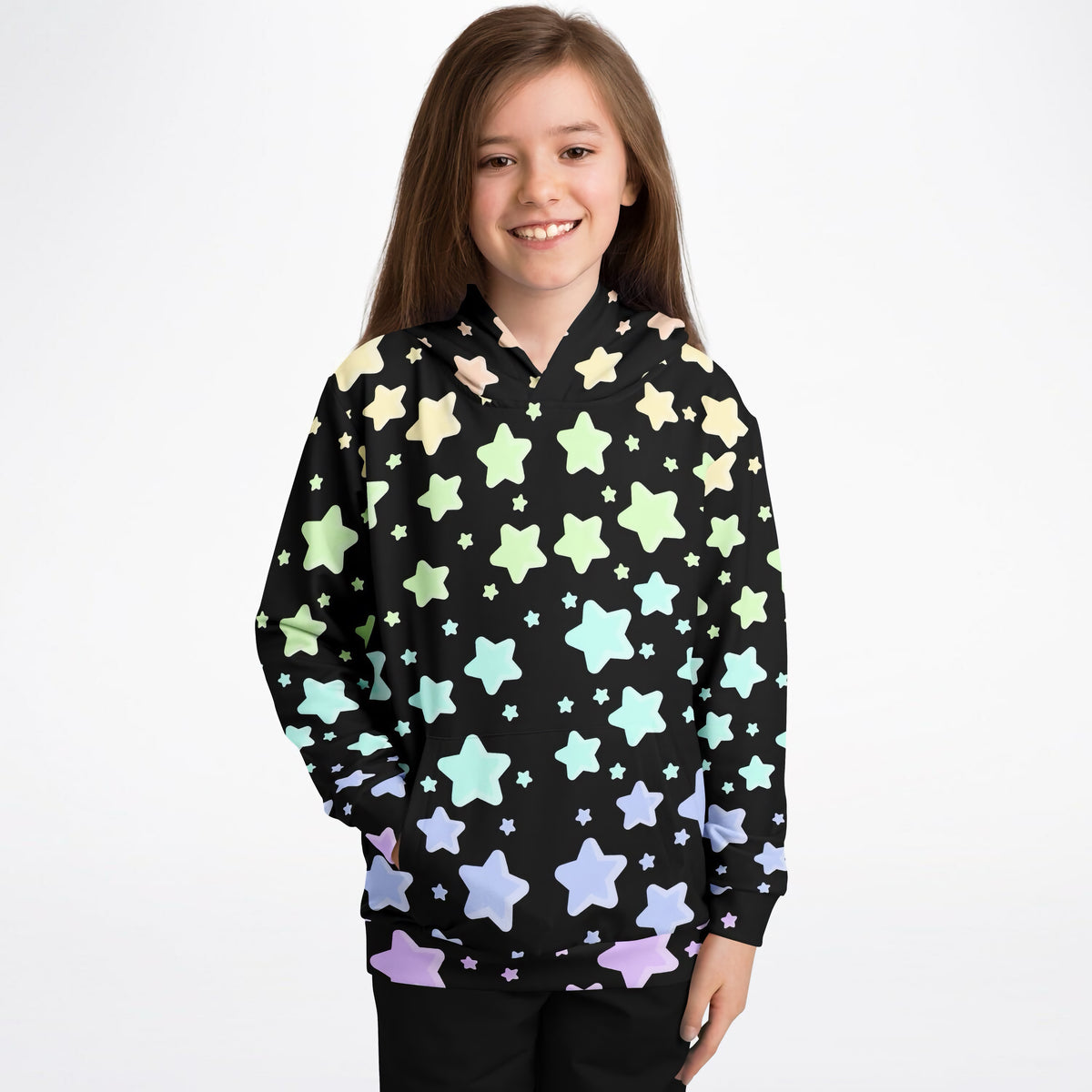 Girls Pastel Rainbow Stars Hoodie – Ultra Comfy & Stretchy, Cozy Fleece or Lightweight Sports Fabric, Double-Layer Hood & Kangaroo Pocket