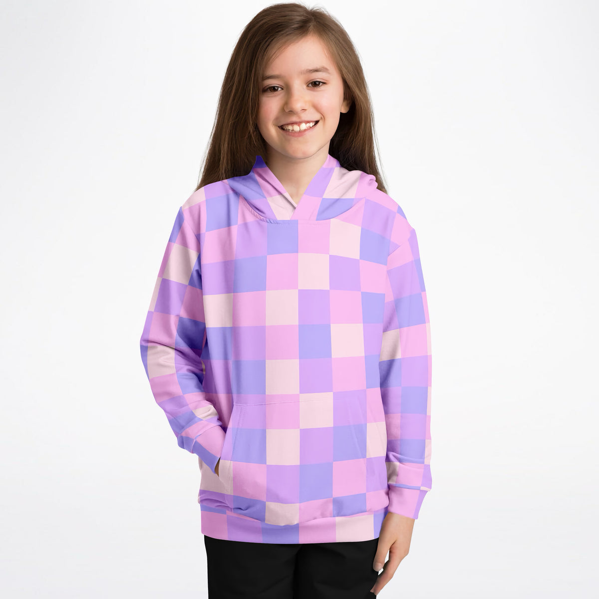 Girls Pink & Purple Checkered Hoodie – Ultra Comfy & Stretchy, Cozy Fleece or Lightweight Sports Fabric, Double-Layer Hood & Kangaroo Pocket