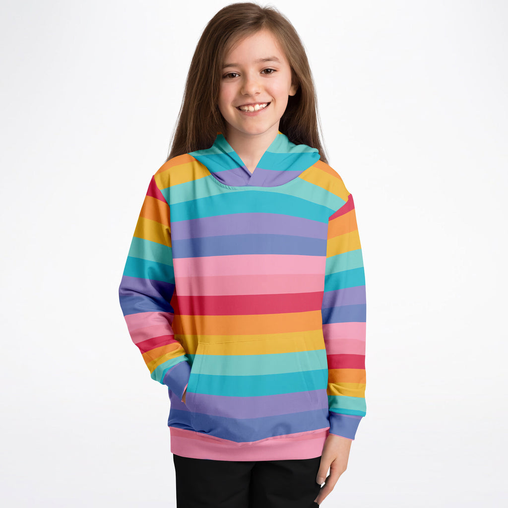 Girls striped bright rainbow hoodie with vibrant horizontal bands in cozy cotton fleece or lightweight sports fabric