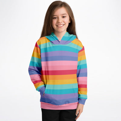 Girls striped bright rainbow hoodie with vibrant horizontal bands in cozy cotton fleece or lightweight sports fabric