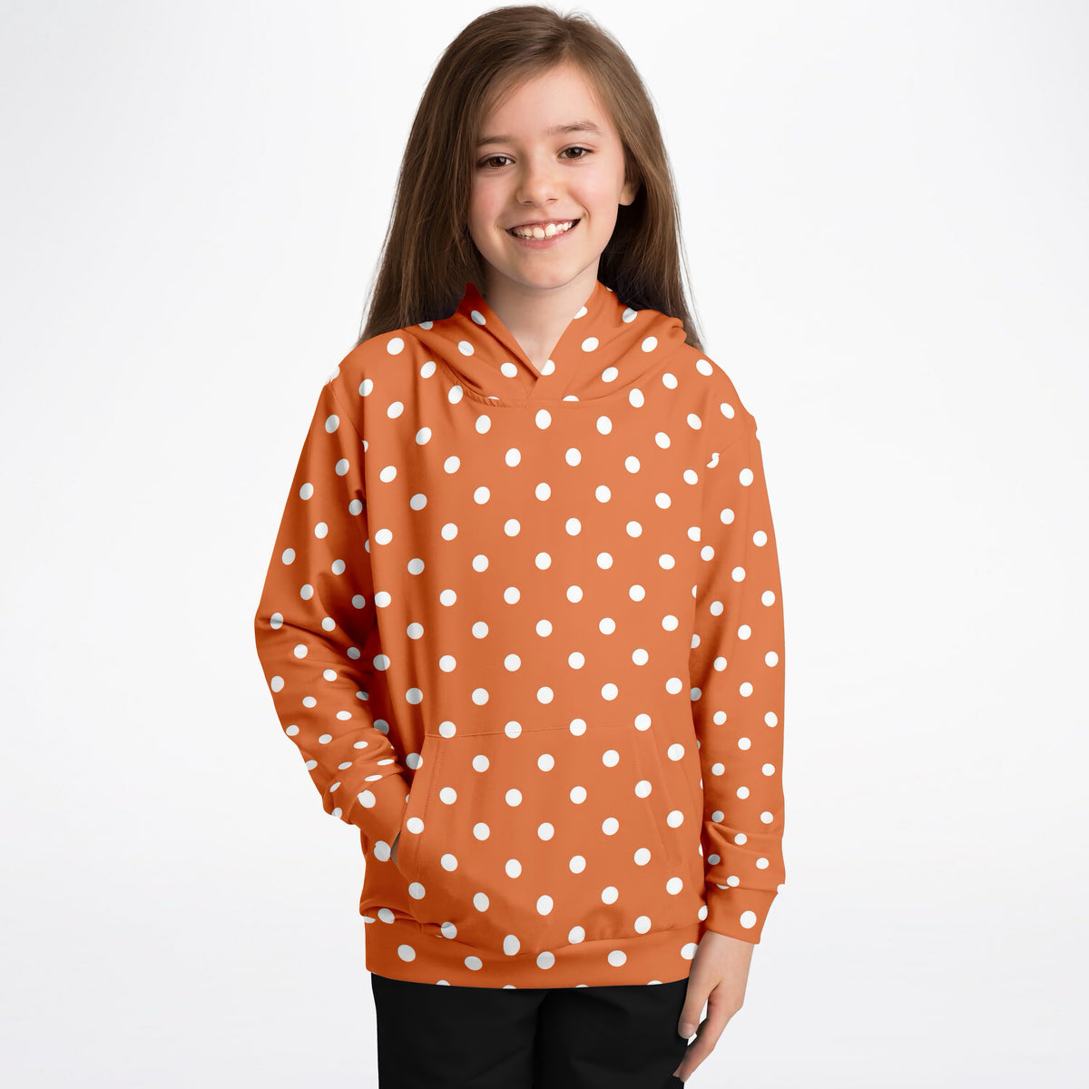 Kids Orange Polka Dot Hoodie – Ultra Comfy & Stretchy, Cozy Fleece or Lightweight Sports Fabric, Double-Layer Hood & Kangaroo Pocket