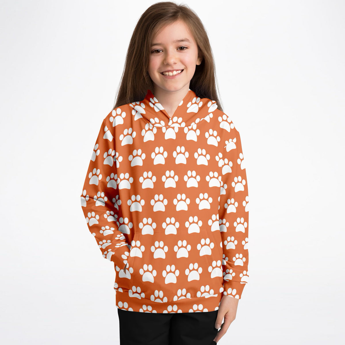 Kids Orange Paw Print Hoodie – Ultra Comfy & Stretchy, Cozy Fleece or Lightweight Sports Fabric, Double-Layer Hood & Kangaroo Pocket