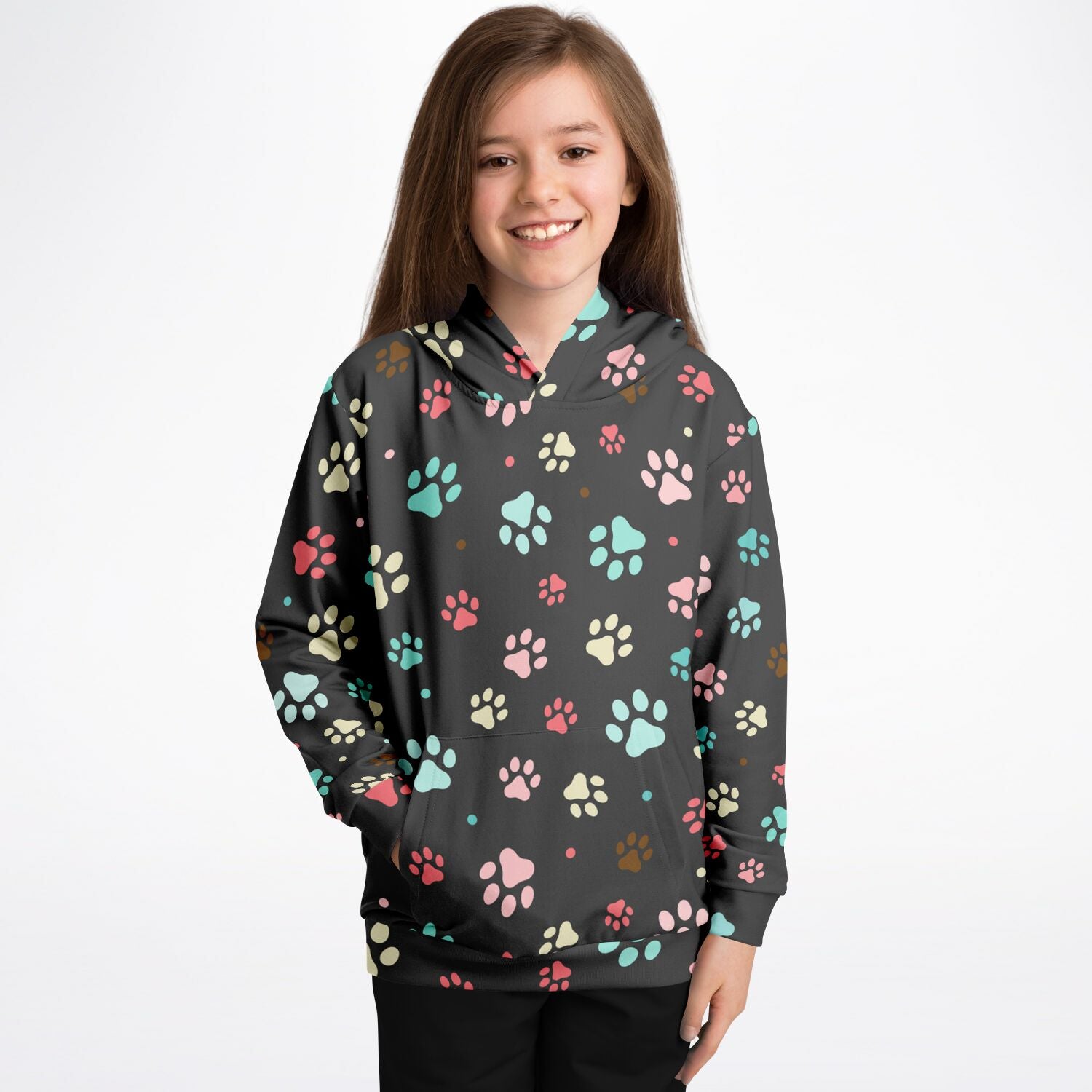 Dark gray kids hoodie with multicolored paw prints made of cozy cotton fleece or lightweight sports fabric