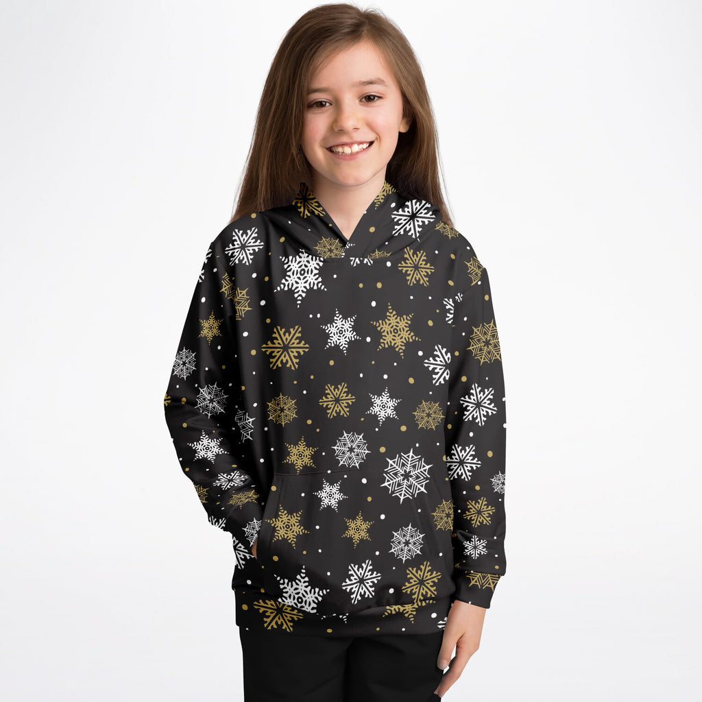 Kids Dark Brown, Gold & White Snowflake Christmas Hoodie – Ultra Comfy & Stretchy, Cozy Fleece or Lightweight Sports Fabric, Double-Layer Hood & Kangaroo Pocket