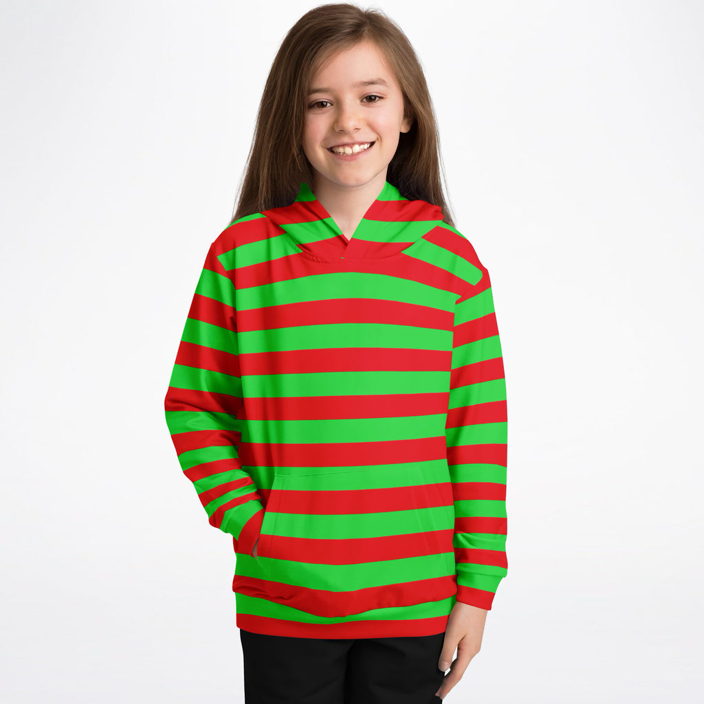 Kids Striped Red & Green Christmas Hoodie – Ultra Comfy & Stretchy, Cozy Fleece or Lightweight Sports Fabric, Double-Layer Hood & Kangaroo Pocket