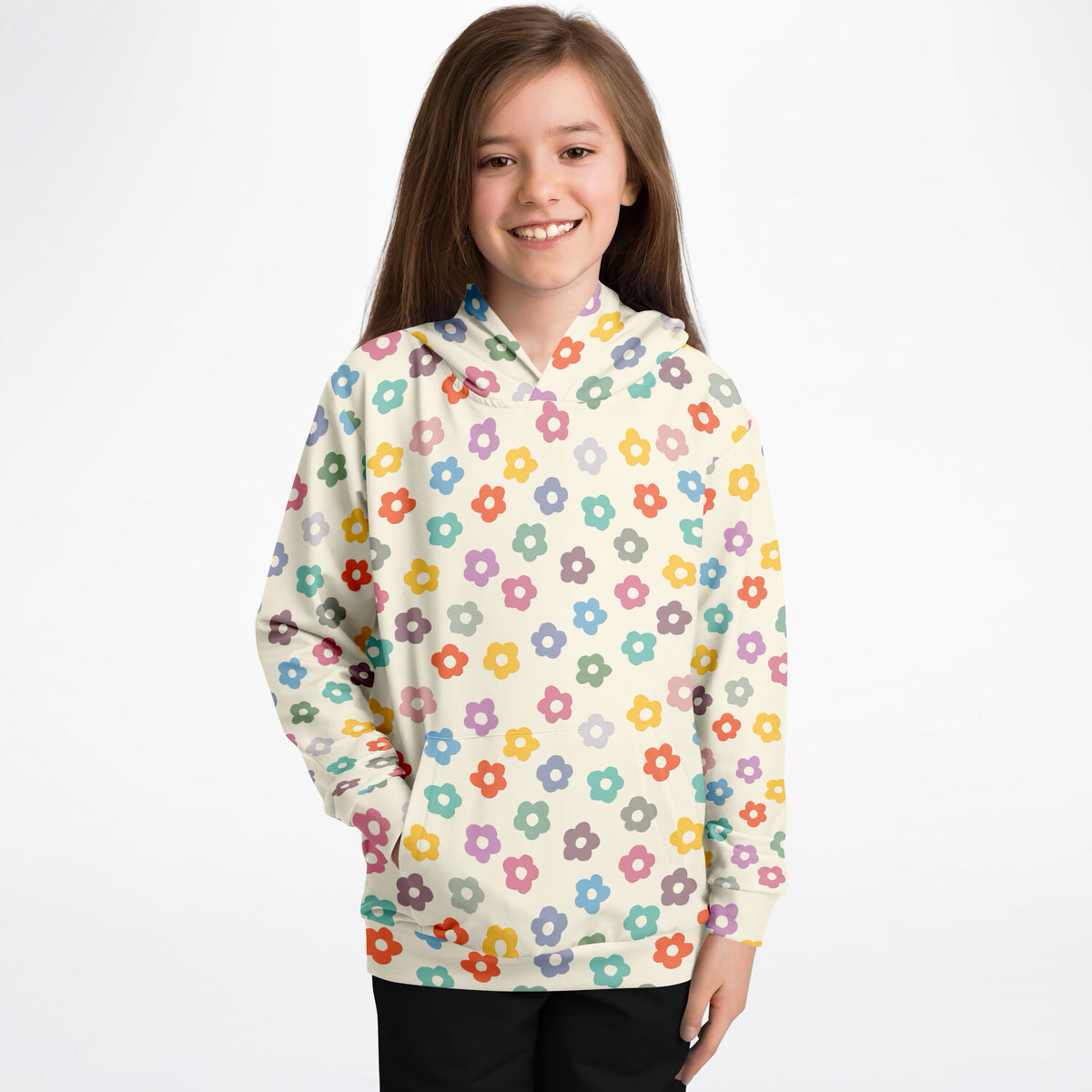 Girls Colorful Retro Daisy Hoodie – Ultra Comfy & Stretchy, Cozy Fleece or Lightweight Sports Fabric, Double-Layer Hood & Kangaroo Pocket
