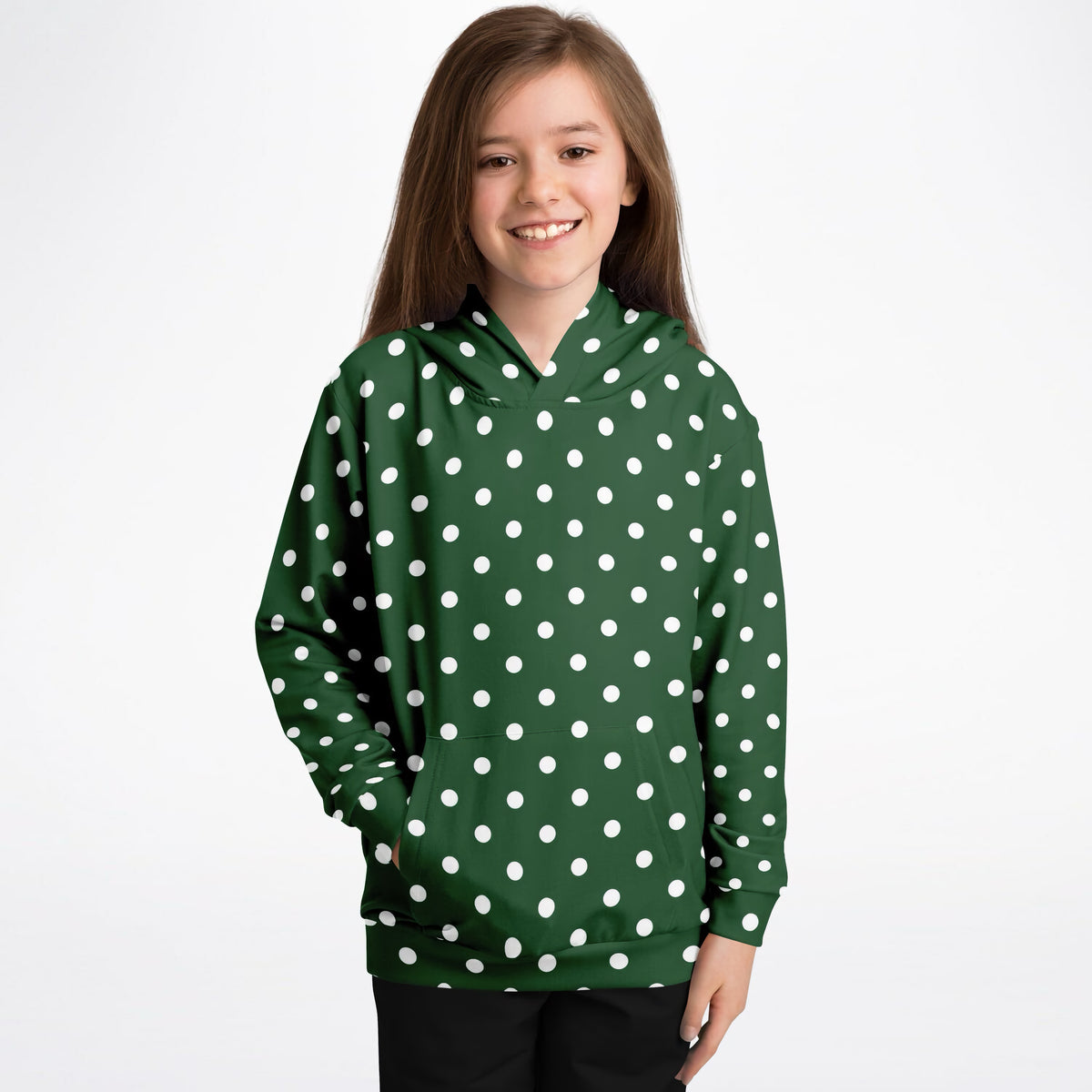 Kids Forest Green Polka Dot Hoodie – Ultra Comfy & Stretchy, Cozy Fleece or Lightweight Sports Fabric, Double-Layer Hood & Kangaroo Pocket