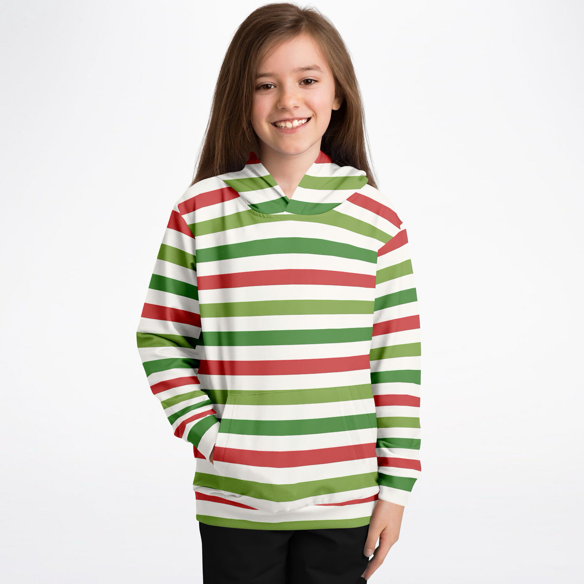 Kids Christmas Red & Green Striped Hoodie – Ultra Comfy & Stretchy, Cozy Fleece or Lightweight Sports Fabric, Double-Layer Hood & Kangaroo Pocket