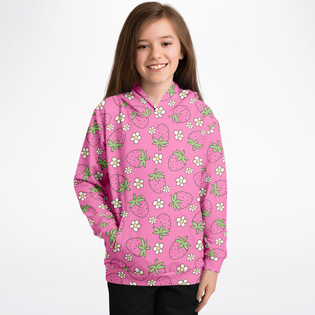 Girls Pink Strawberry Hoodie – Ultra Comfy & Stretchy, Cozy Fleece or Lightweight Sports Fabric, Double-Layer Hood & Kangaroo Pocket