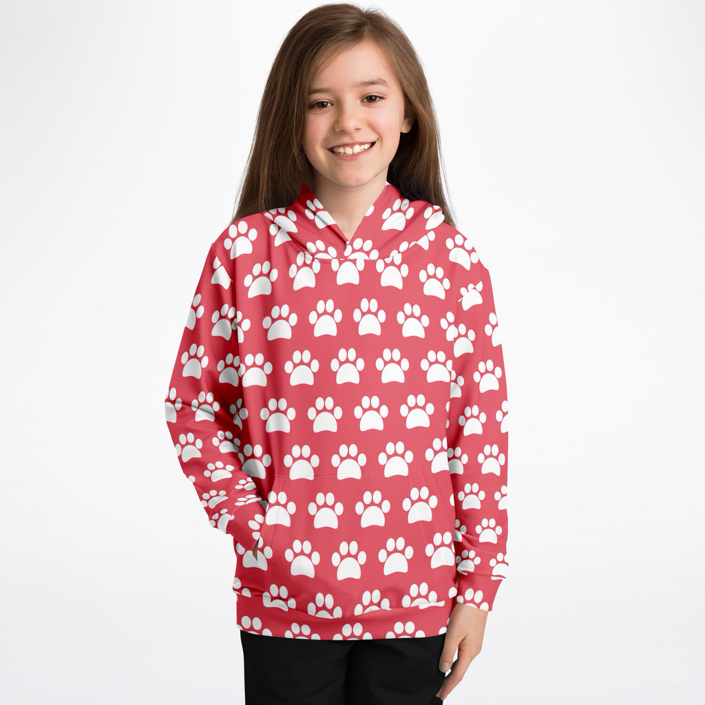 Girls Bright Pink Paw Print Hoodie – Ultra Comfy & Stretchy, Cozy Fleece or Lightweight Sports Fabric, Double-Layer Hood & Kangaroo Pocket