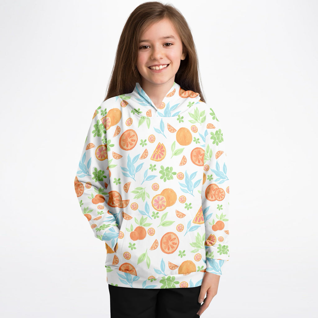 Kids Watercolor Orange Citrus Hoodie – Ultra Comfy & Stretchy, Cozy Fleece or Lightweight Sports Fabric, Double-Layer Hood & Kangaroo Pocket