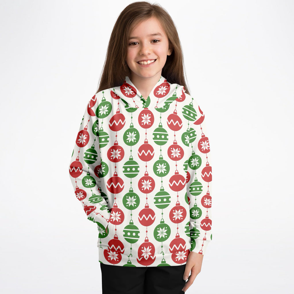 Kids Christmas Red & Green Christmas Ornaments Hoodie – Ultra Comfy & Stretchy, Cozy Fleece or Lightweight Sports Fabric, Double-Layer Hood & Kangaroo Pocket