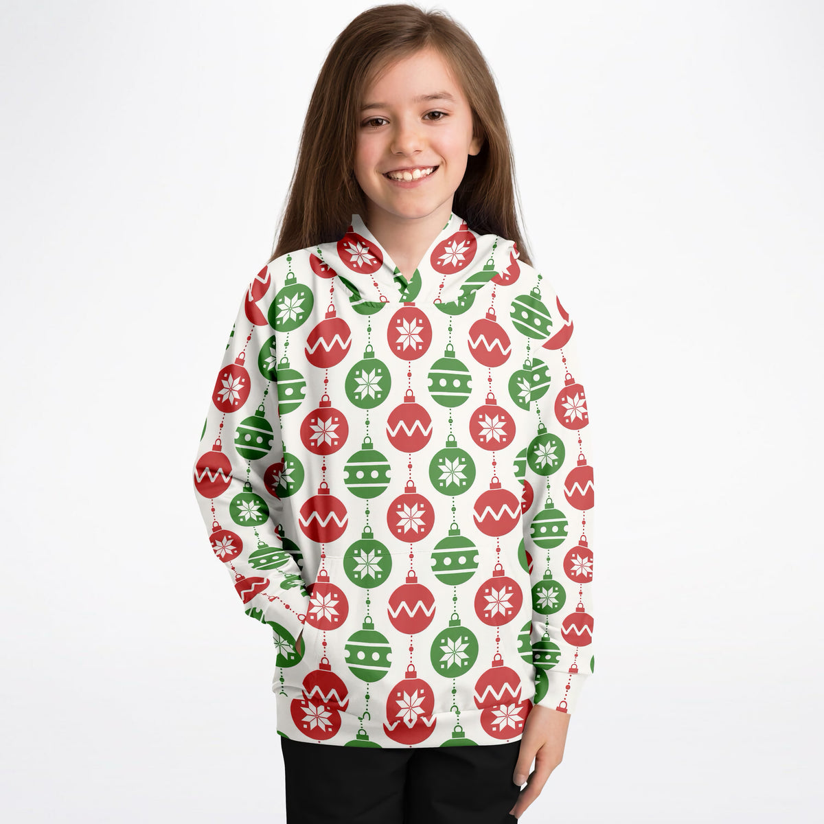 Kids Christmas Red & Green Christmas Ornaments Hoodie – Ultra Comfy & Stretchy, Cozy Fleece or Lightweight Sports Fabric, Double-Layer Hood & Kangaroo Pocket