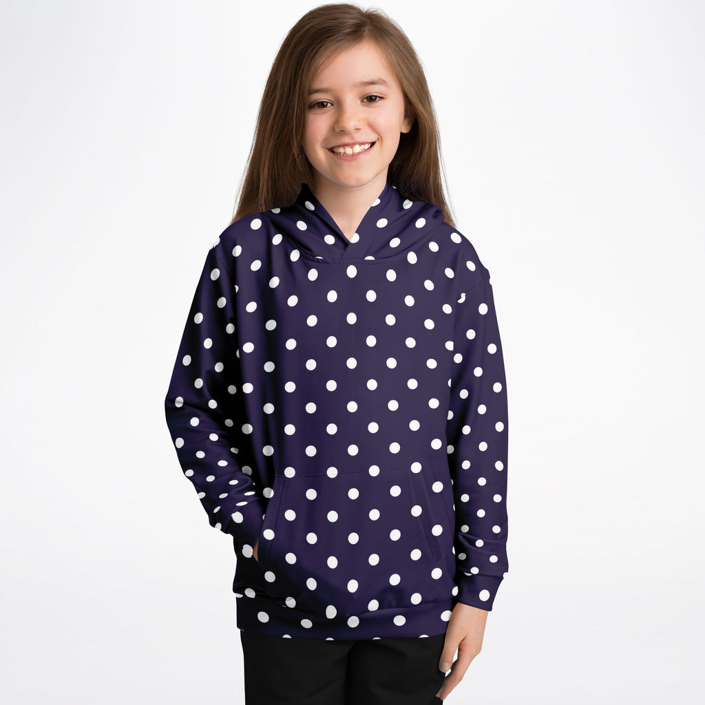 Girls Dark Purple Polka Dot Hoodie – Ultra Comfy & Stretchy, Cozy Fleece or Lightweight Sports Fabric, Double-Layer Hood & Kangaroo Pocket