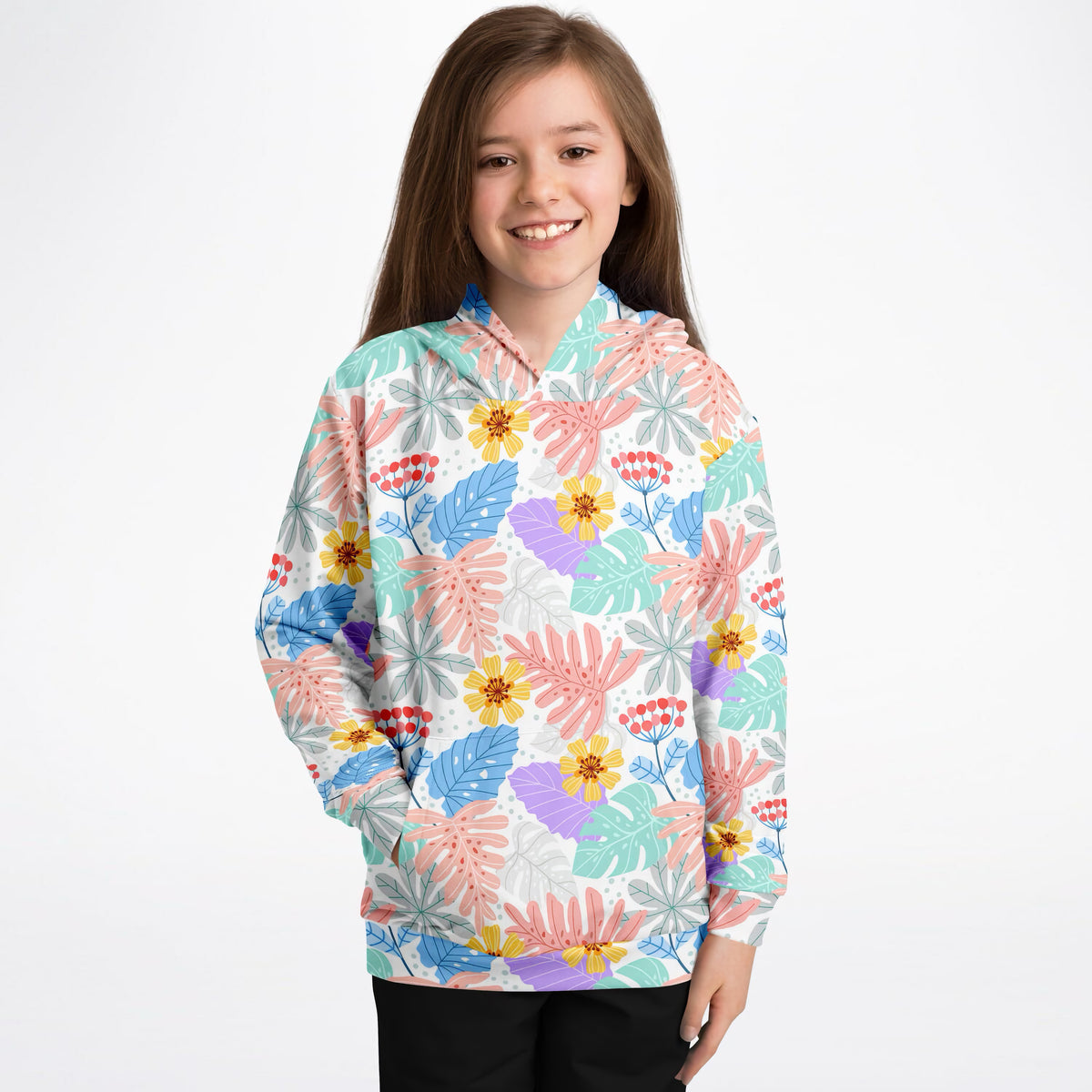 Girls Colorful Tropical Floral Hoodie – Ultra Comfy & Stretchy, Cozy Fleece or Lightweight Sports Fabric, Double-Layer Hood & Kangaroo Pocket