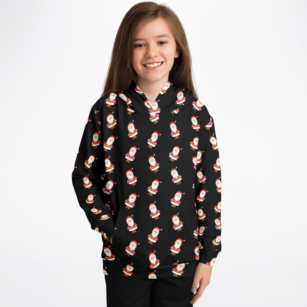 Kids Black Santa Claus Christmas Hoodie – Ultra Comfy & Stretchy, Cozy Fleece or Lightweight Sports Fabric, Double-Layer Hood & Kangaroo Pocket