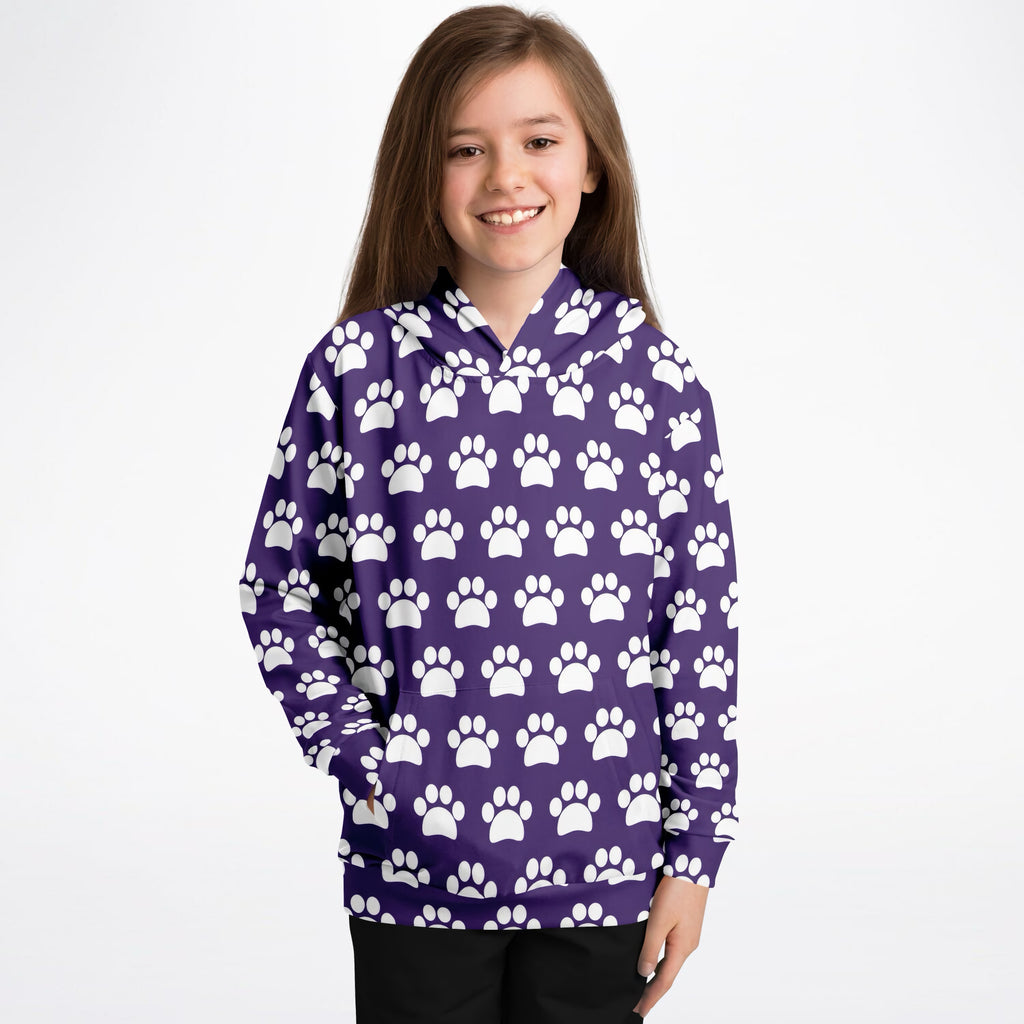 Girls Dark Purple Paw Print Hoodie – Ultra Comfy & Stretchy, Cozy Fleece or Lightweight Sports Fabric, Double-Layer Hood & Kangaroo Pocket