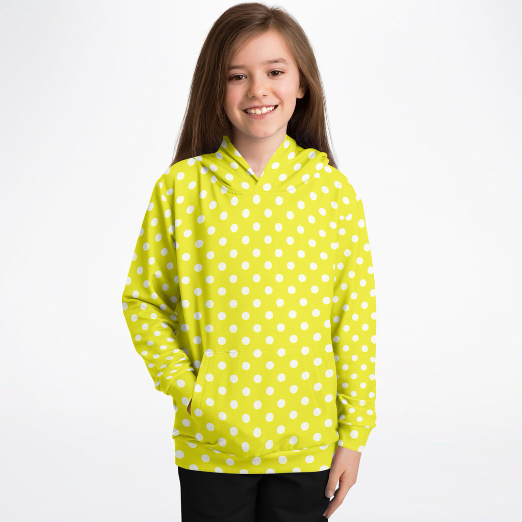 Kids Yellow Polka Dot Hoodie – Ultra Comfy & Stretchy, Cozy Fleece or Lightweight Sports Fabric, Double-Layer Hood & Kangaroo Pocket
