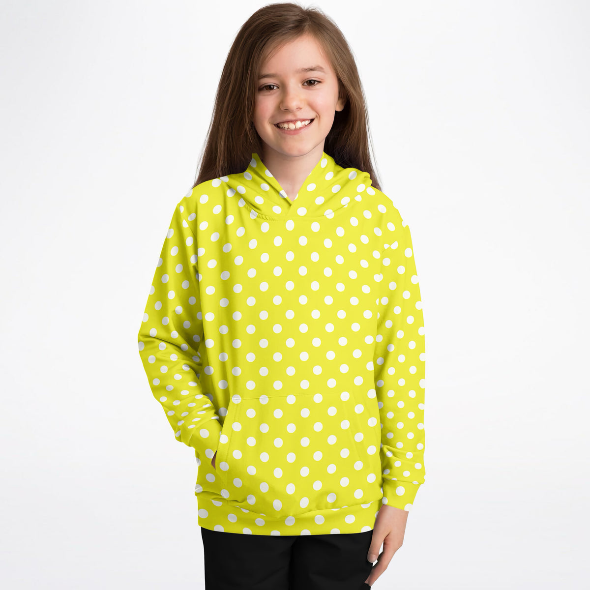 Kids Yellow Polka Dot Hoodie – Ultra Comfy & Stretchy, Cozy Fleece or Lightweight Sports Fabric, Double-Layer Hood & Kangaroo Pocket