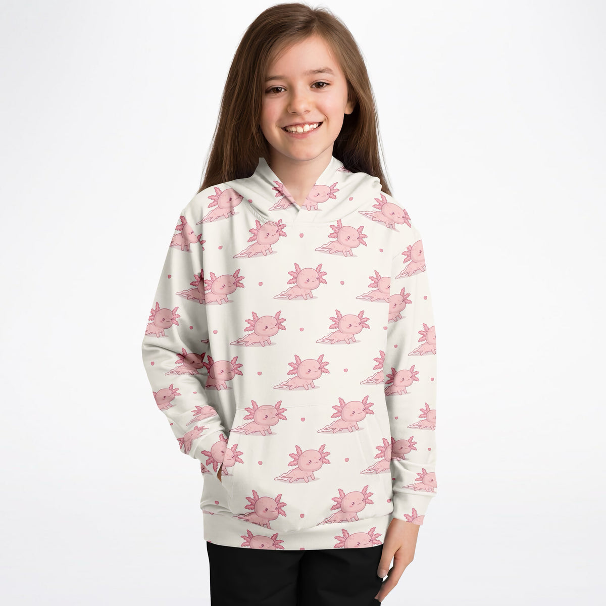 Girls Pink Axolotl Hoodie – Ultra Comfy & Stretchy, Cozy Fleece or Lightweight Sports Fabric, Double-Layer Hood & Kangaroo Pocket