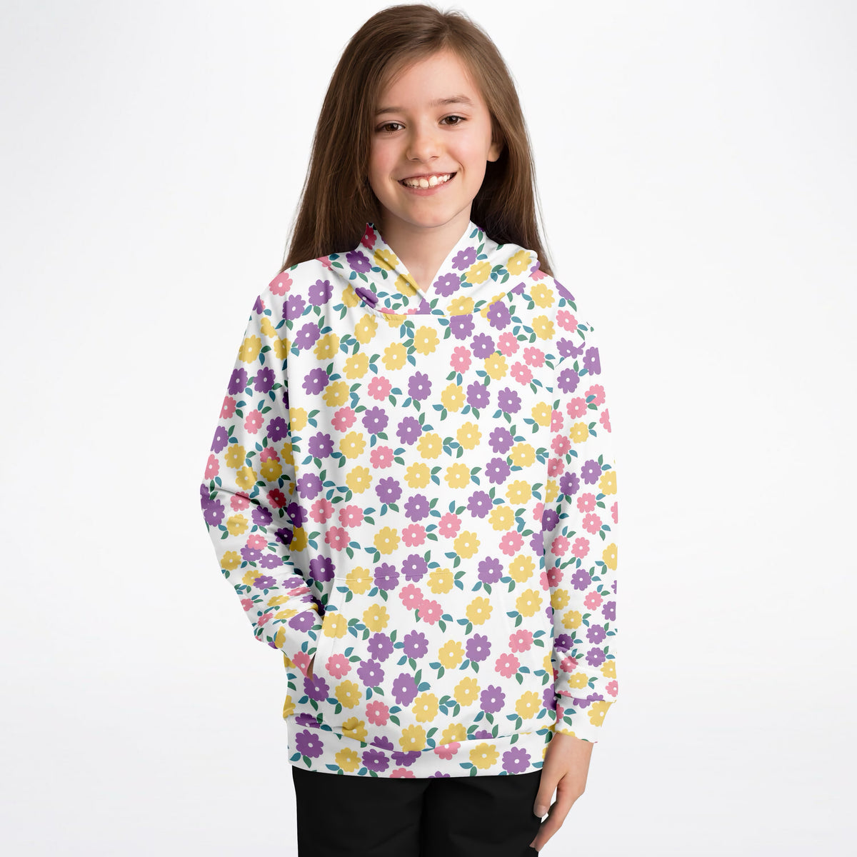 Girls Colorful Daisy Flower Hoodie – Ultra Comfy & Stretchy, Cozy Fleece or Lightweight Sports Fabric, Double-Layer Hood & Kangaroo Pocket