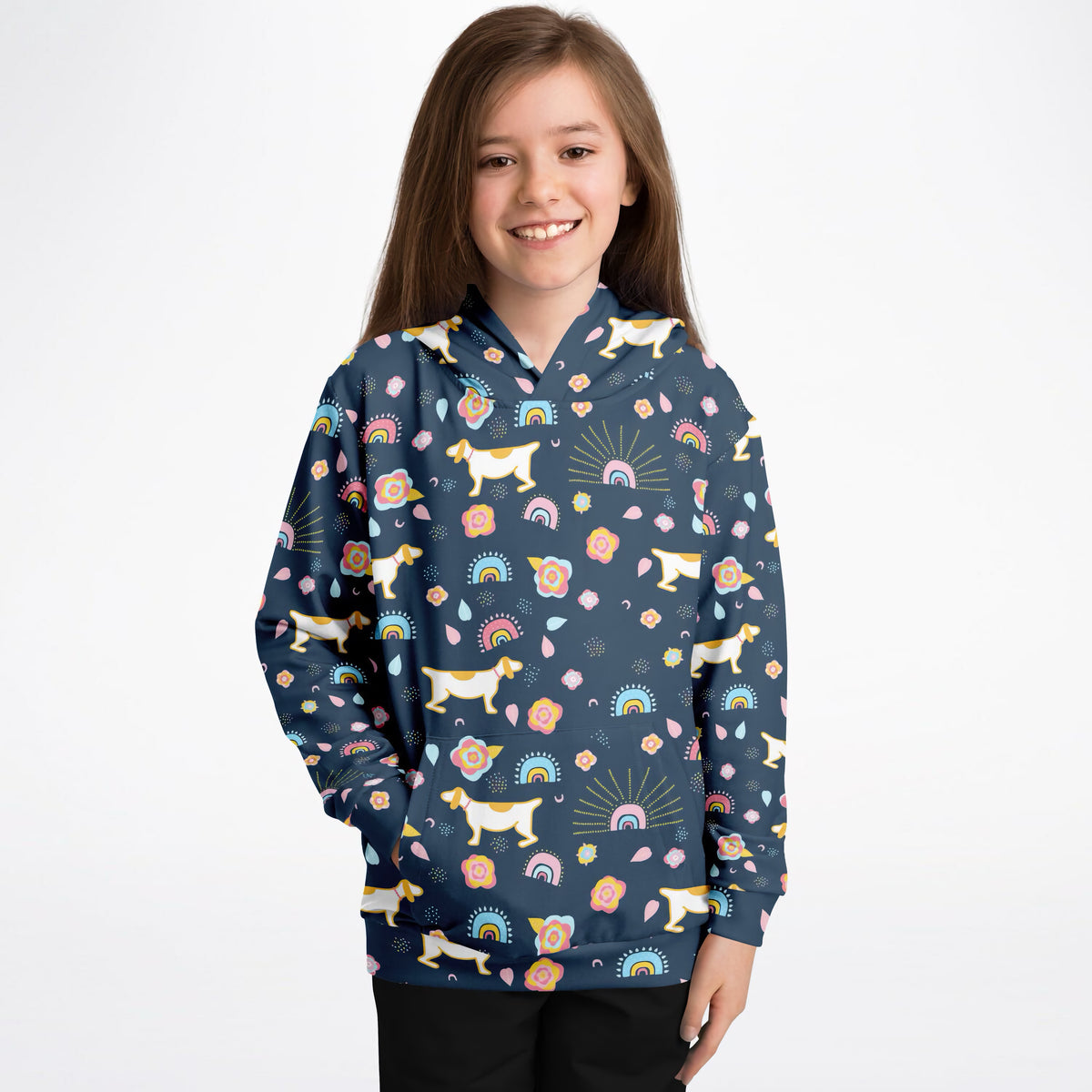 Girls Cute Dogs & Rainbows Hoodie – Ultra Comfy & Stretchy, Cozy Fleece or Lightweight Sports Fabric, Double-Layer Hood & Kangaroo Pocket