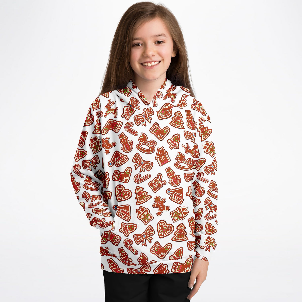Kids Christmas Gingerbread Cookie Hoodie – Ultra Comfy & Stretchy, Cozy Fleece or Lightweight Sports Fabric, Double-Layer Hood & Kangaroo Pocket