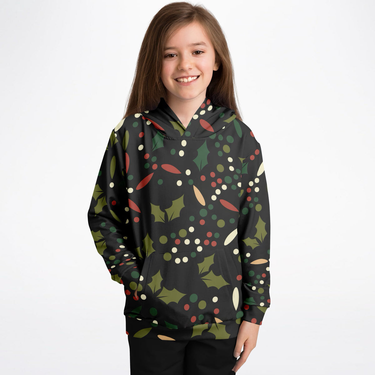 Kids Christmas Holly Berry Hoodie – Ultra Comfy & Stretchy, Cozy Fleece or Lightweight Sports Fabric, Double-Layer Hood & Kangaroo Pocket