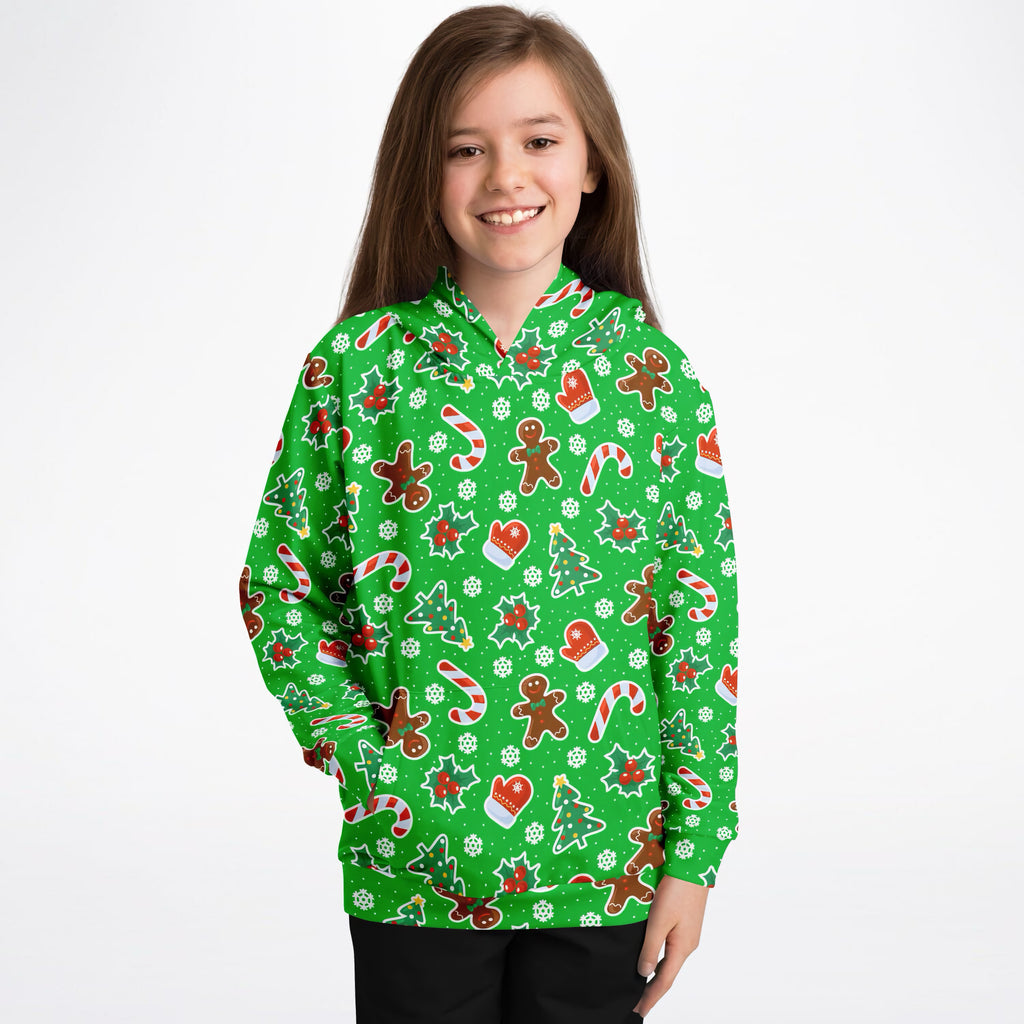 Kids Green Christmas Icons Hoodie – Ultra Comfy & Stretchy, Cozy Fleece or Lightweight Sports Fabric, Double-Layer Hood & Kangaroo Pocket