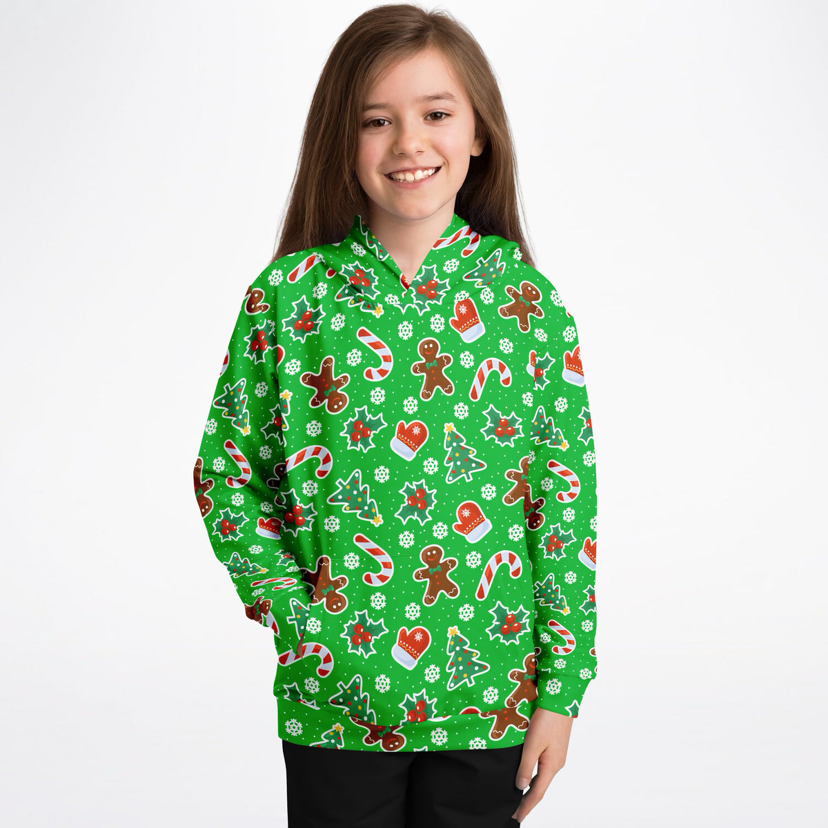 Kids Green Christmas Icons Hoodie – Ultra Comfy & Stretchy, Cozy Fleece or Lightweight Sports Fabric, Double-Layer Hood & Kangaroo Pocket