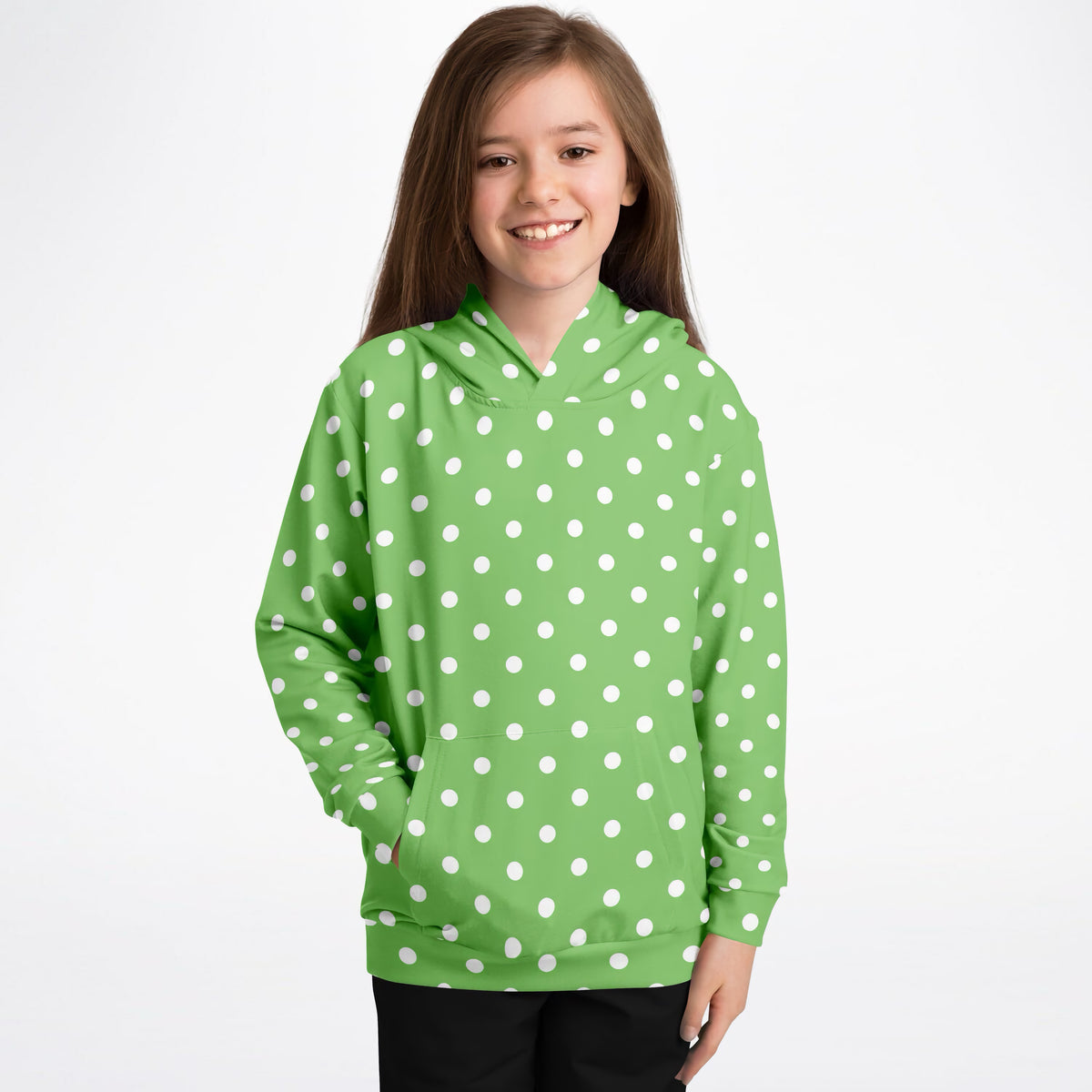Kids Green Polka Dot Hoodie – Ultra Comfy & Stretchy, Cozy Fleece or Lightweight Sports Fabric, Double-Layer Hood & Kangaroo Pocket