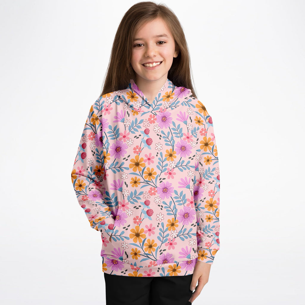 Girls Colorful Pink Wildflower Hoodie – Ultra Comfy & Stretchy, Cozy Fleece or Lightweight Sports Fabric, Double-Layer Hood & Kangaroo Pocket