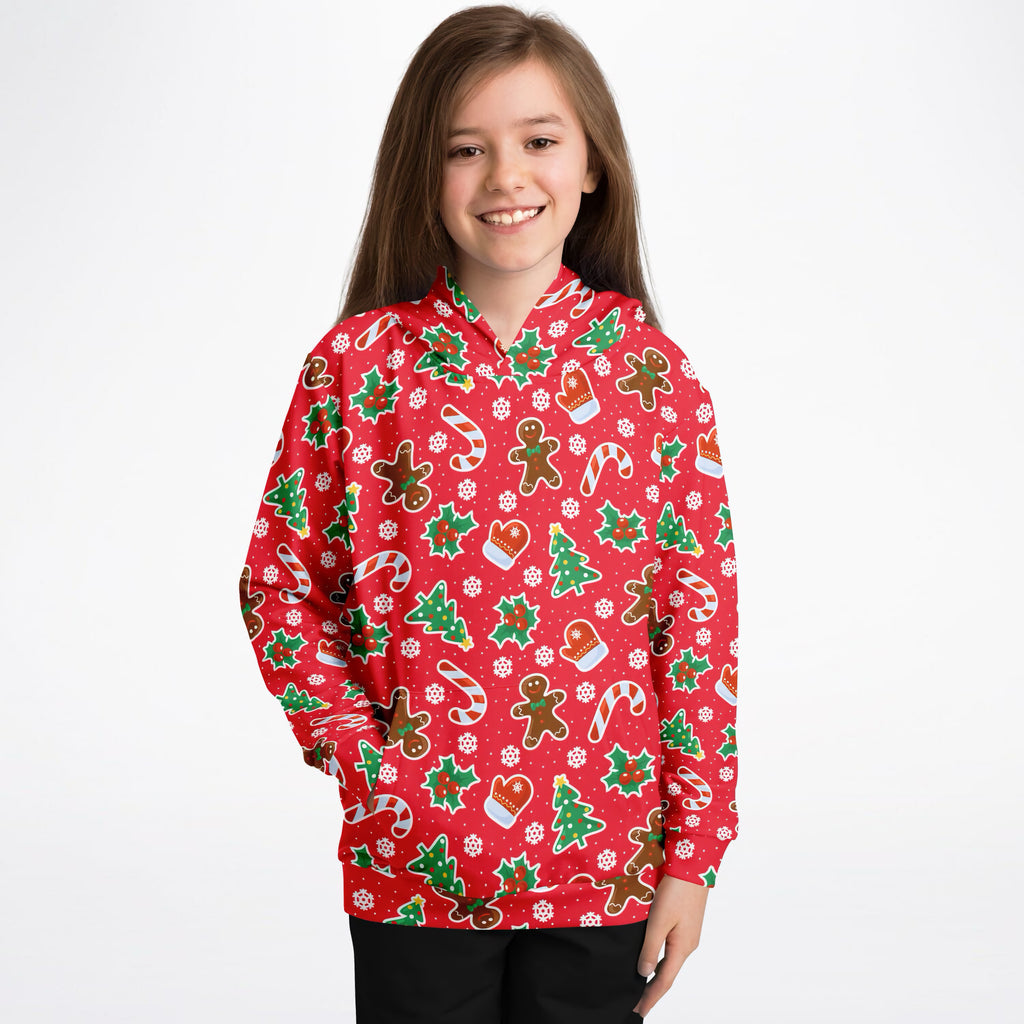 Kids Red Christmas Icons Hoodie – Ultra Comfy & Stretchy, Cozy Fleece or Lightweight Sports Fabric, Double-Layer Hood & Kangaroo Pocket