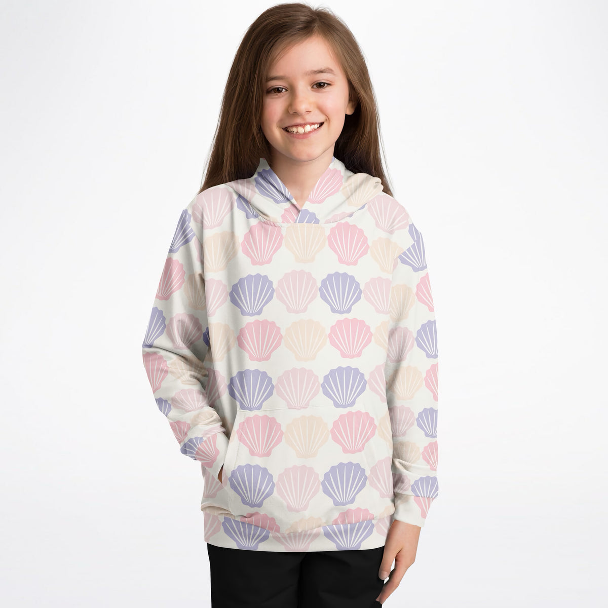 Girls Pastel Seashell Hoodie – Ultra Comfy & Stretchy, Cozy Fleece or Lightweight Sports Fabric, Double-Layer Hood & Kangaroo Pocket