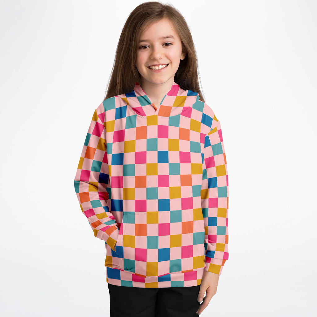 Girls Bright Rainbow Checkered Hoodie – Ultra Comfy & Stretchy, Cozy Fleece or Lightweight Sports Fabric, Double-Layer Hood & Kangaroo Pocket