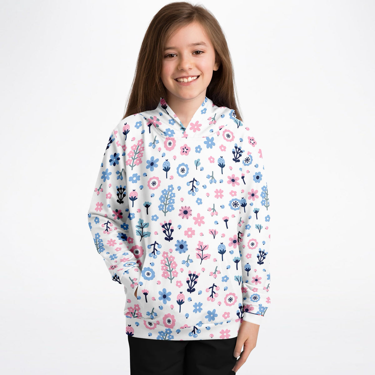 Girls Pink & Blue Floral Hoodie – Ultra Comfy & Stretchy, Cozy Fleece or Lightweight Sports Fabric, Double-Layer Hood & Kangaroo Pocket