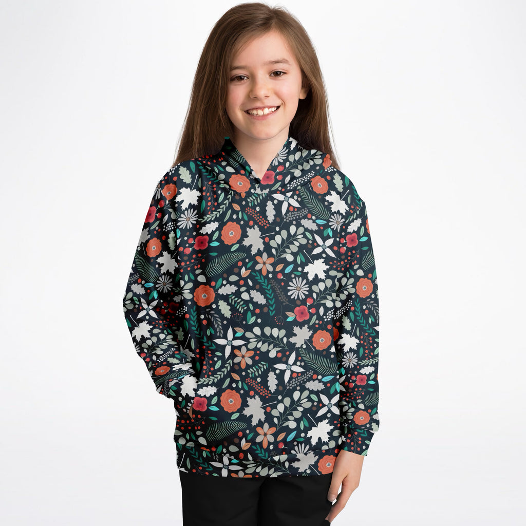 Girls Dark Green Floral Hoodie – Ultra Comfy & Stretchy, Cozy Fleece or Lightweight Sports Fabric, Double-Layer Hood & Kangaroo Pocket