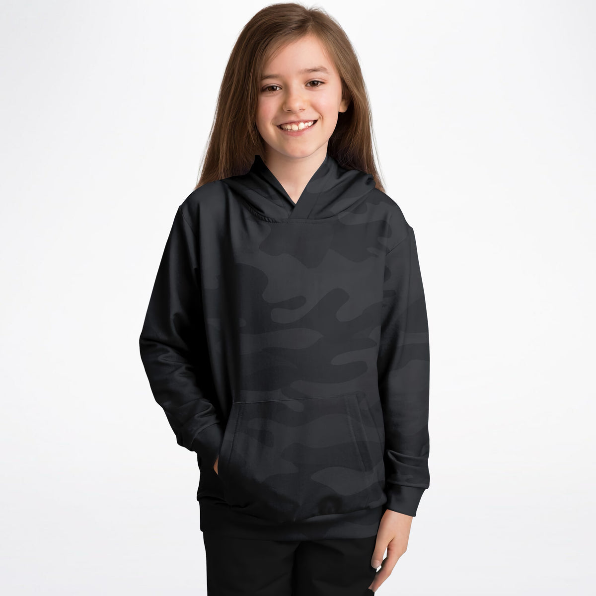 Kids Black Camouflage Hoodie – Ultra Comfy & Stretchy, Cozy Fleece or Lightweight Sports Fabric, Double-Layer Hood & Kangaroo Pocket