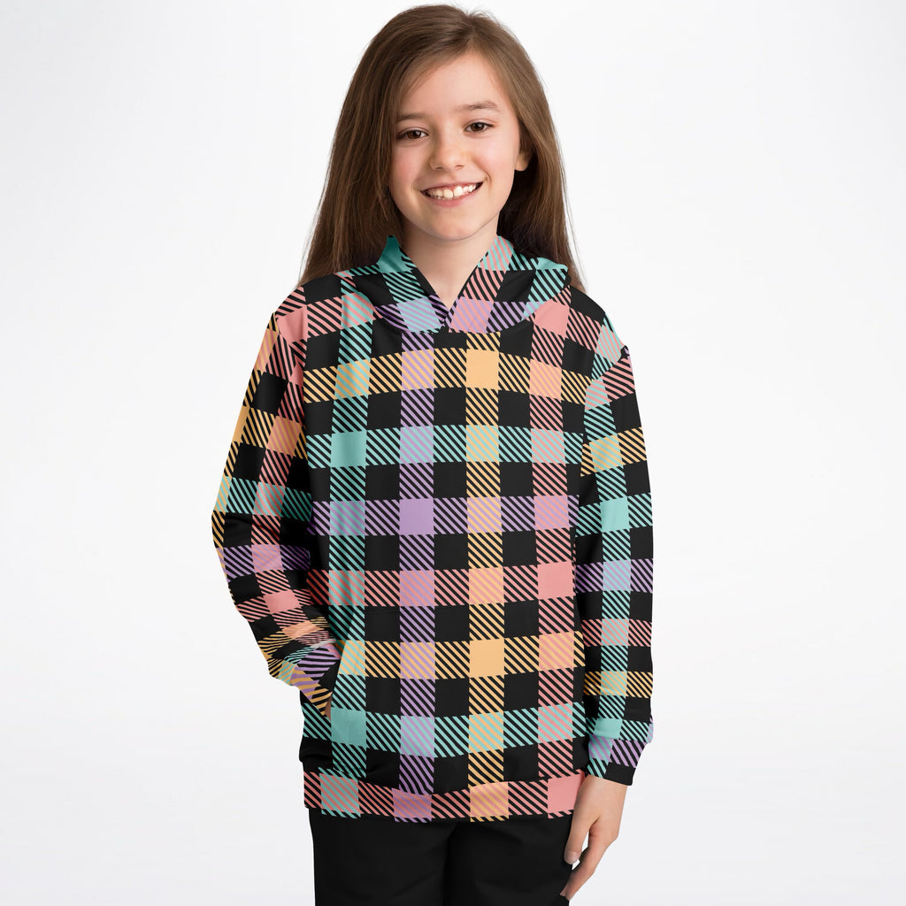 Girls Colorful Black Pastel Plaid Hoodie – Ultra Comfy & Stretchy, Cozy Fleece or Lightweight Sports Fabric, Double-Layer Hood & Kangaroo Pocket