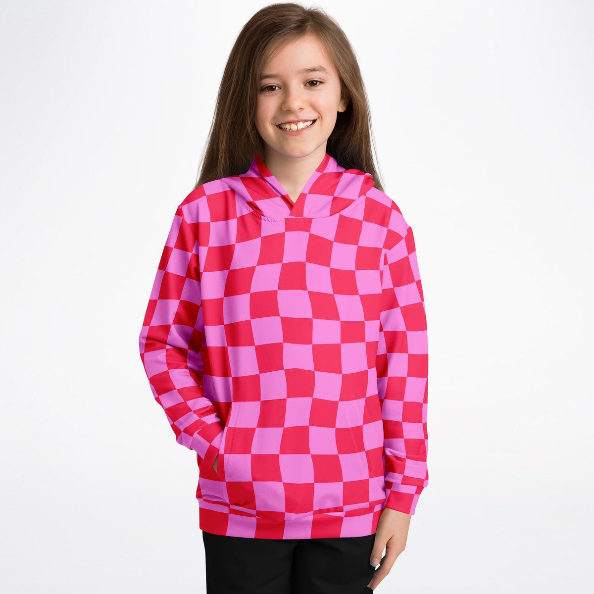 Girls Bright Pink Checkered Hoodie – Ultra Comfy & Stretchy, Cozy Fleece or Lightweight Sports Fabric, Double-Layer Hood & Kangaroo Pocket