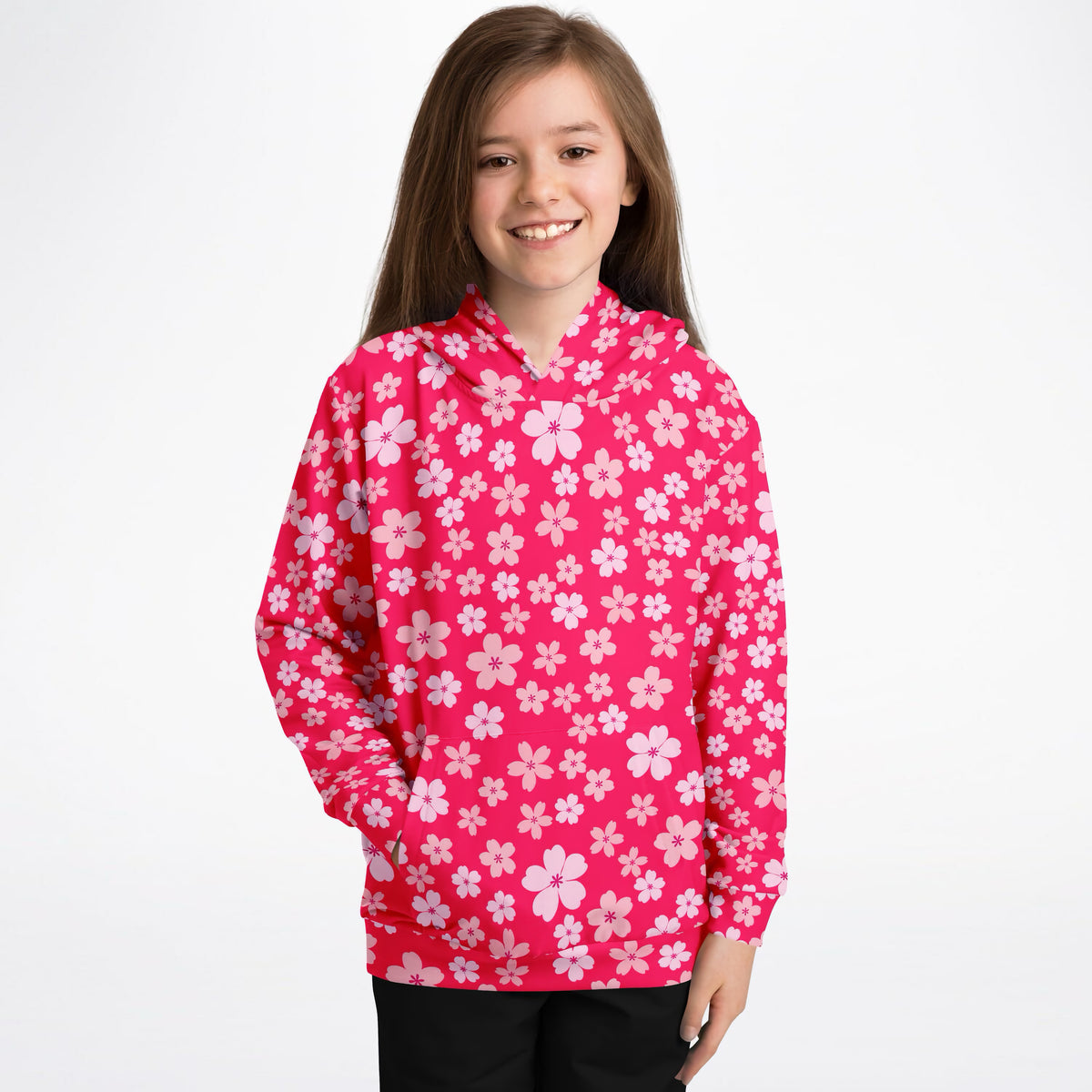 Girls Bright Pink Cherry Blossom Hoodie – Ultra Comfy & Stretchy, Cozy Fleece or Lightweight Sports Fabric, Double-Layer Hood & Kangaroo Pocket