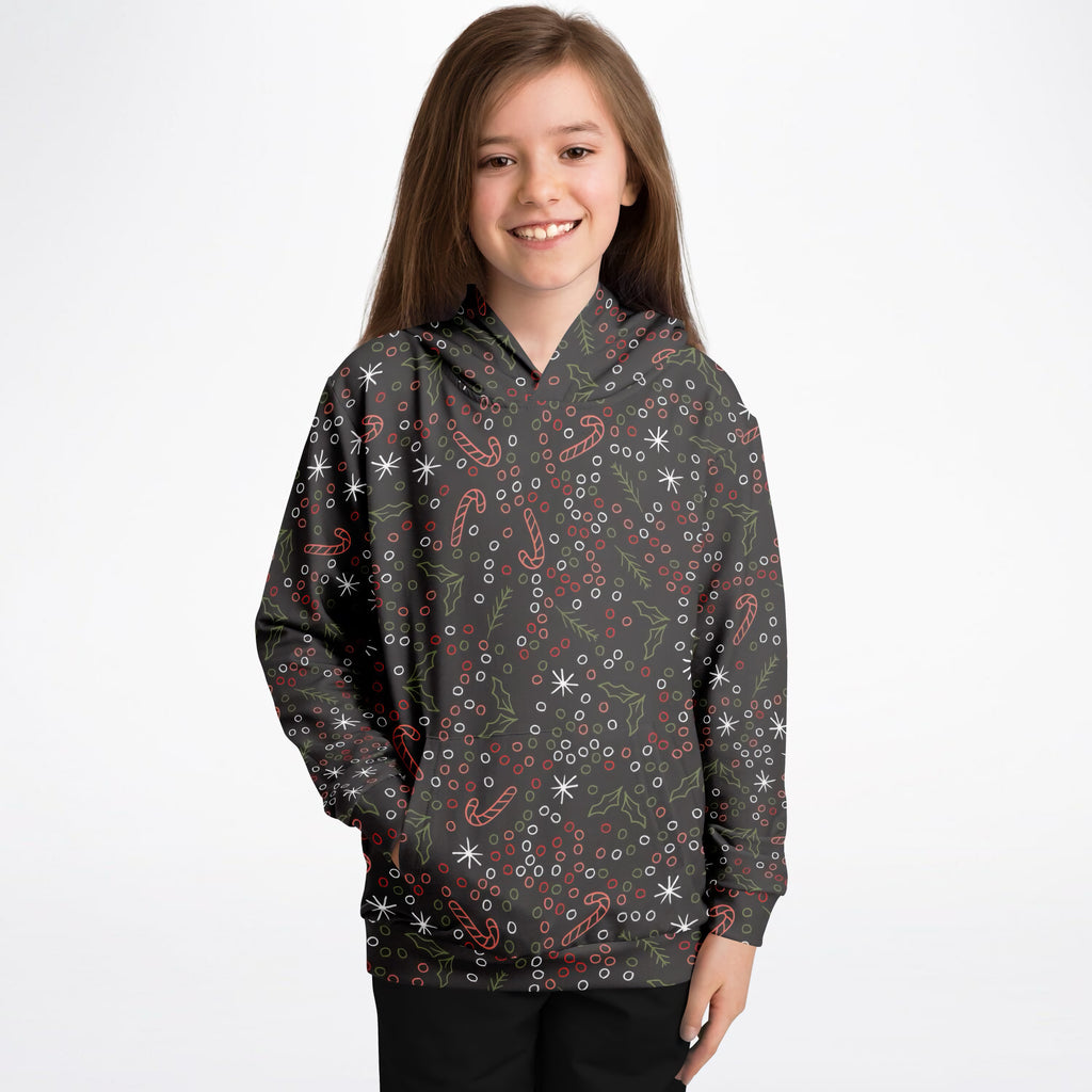 Kids Dark Brown Christmas Candy Cane Hoodie – Ultra Comfy & Stretchy, Cozy Fleece or Lightweight Sports Fabric, Double-Layer Hood & Kangaroo Pocket